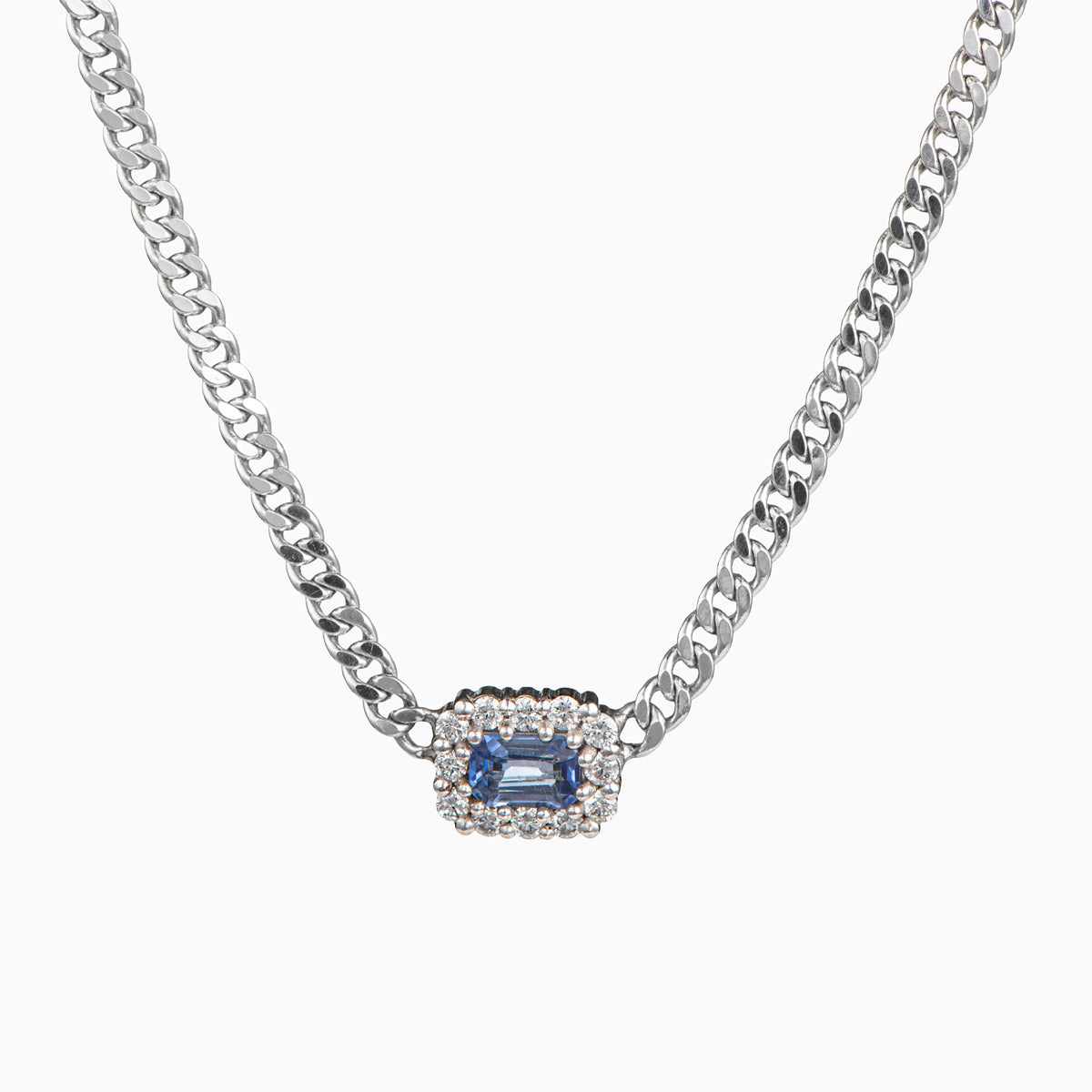 Cuban Link Necklace with Sapphire and Diamonds