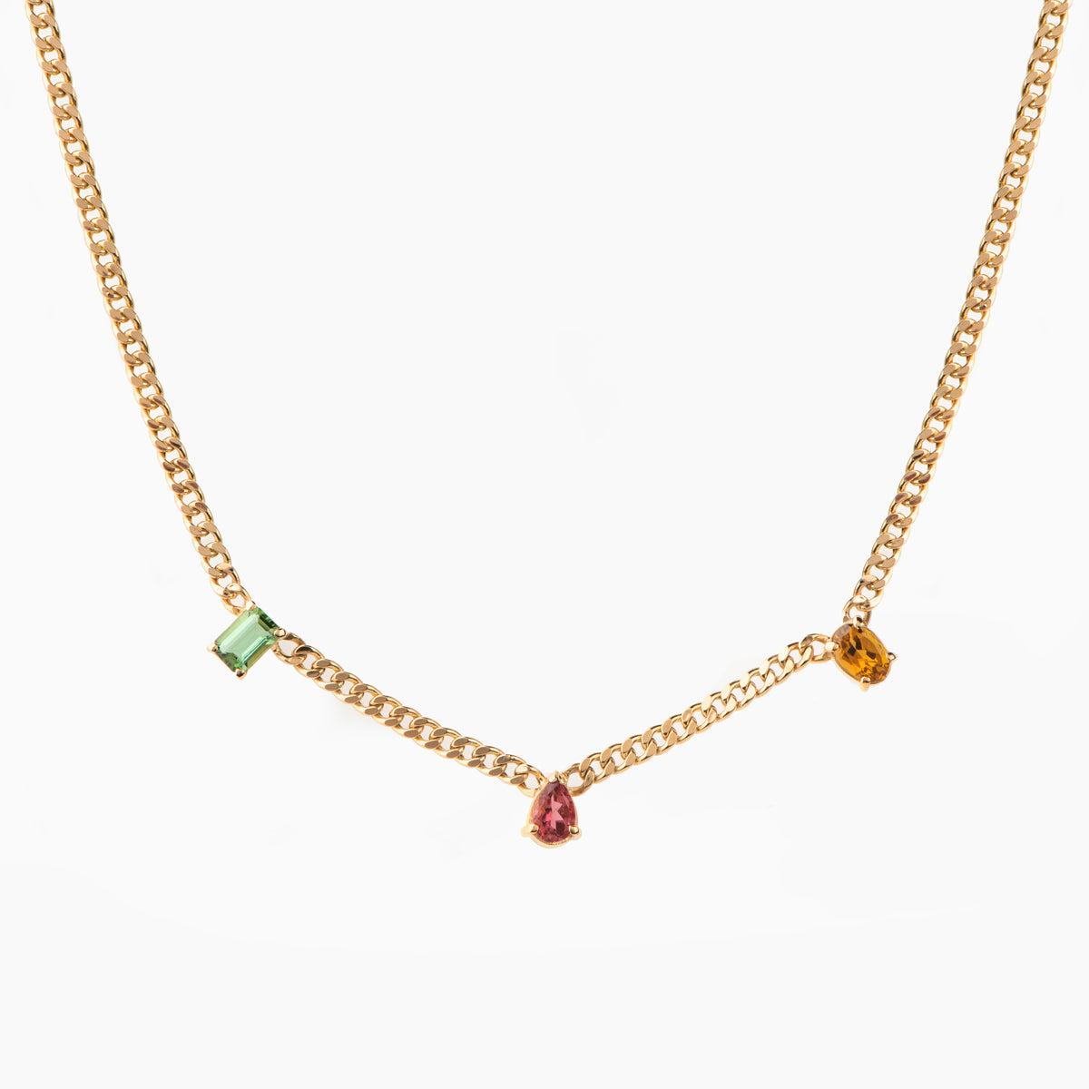 Cuban Link Necklace with Multi Colored Tourmalines