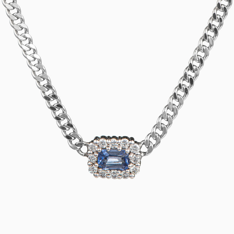 Cuban Link Necklace with Sapphire and Diamonds