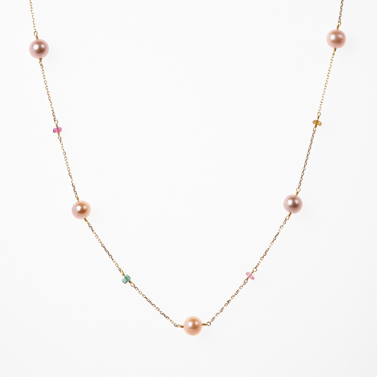 Pink Orange Pearls Necklace with Tourmalines - Politia Jewelry