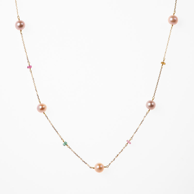 Pink Orange Pearls Necklace with Tourmalines - Politia Jewelry